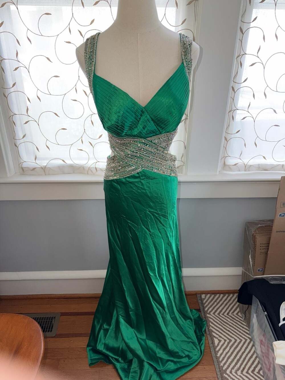 NWT May Queen Couture Emerald Green 100% Silk Beaded Evening Gown Size 10